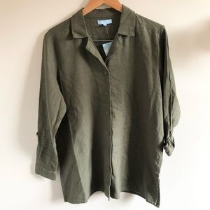 Olive green linen blend long sleeve overshirt